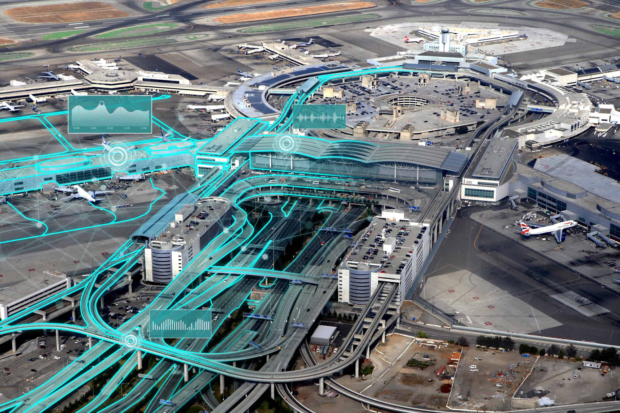 Aerial view of a large airport terminal with digital graphics overlaying data charts and network connections on the roads and buildings.