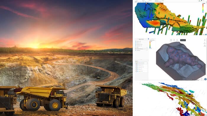 An open-pit mining site with large dump trucks on the left; on the right, three geological 3D modeling diagrams are shown on computer screens.