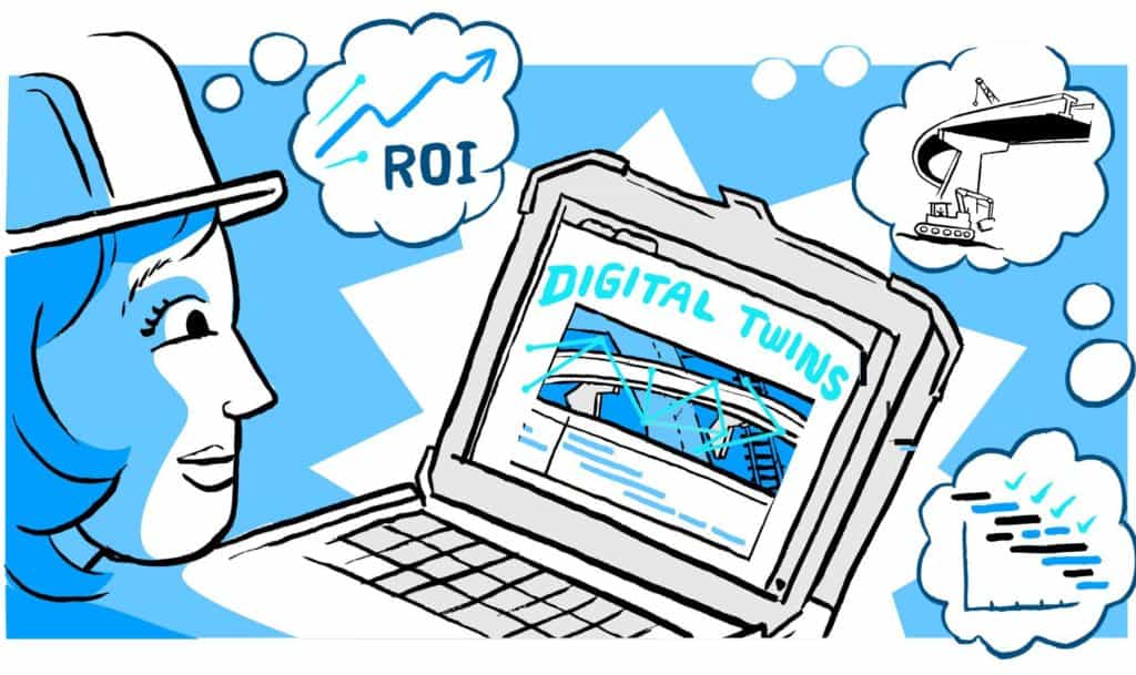 Illustration of person looking at a digital twin on laptop|Illustration of digital twin being used to manage an asset
