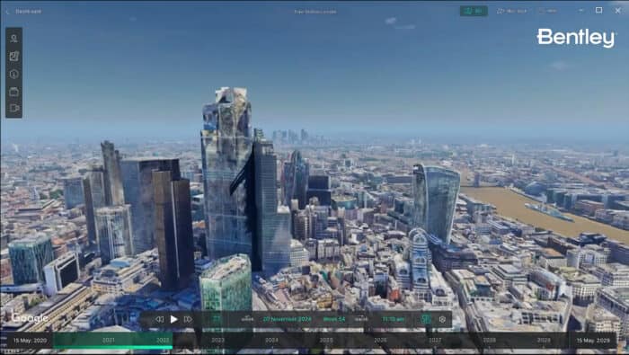 Aerial view of London showcasing skyscrapers under construction. The River Thames is partially visible on the right. Bentley branding is in the top right corner of the image.