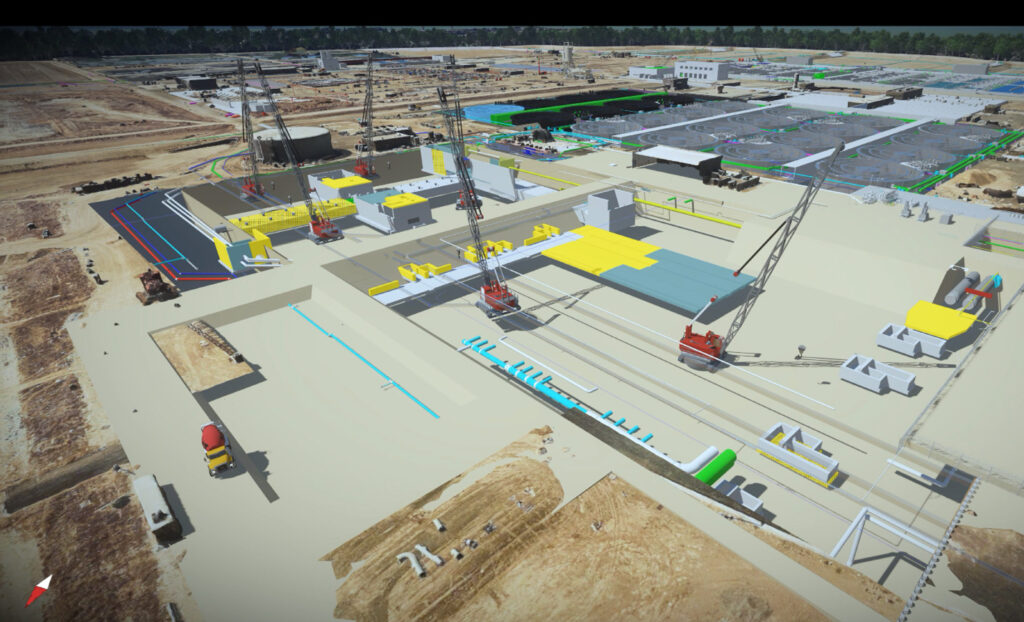 A digital rendering of a construction site featuring cranes, vehicles, and marked zones showcases innovative design elements and the use of digital twins for enhanced project visualization.