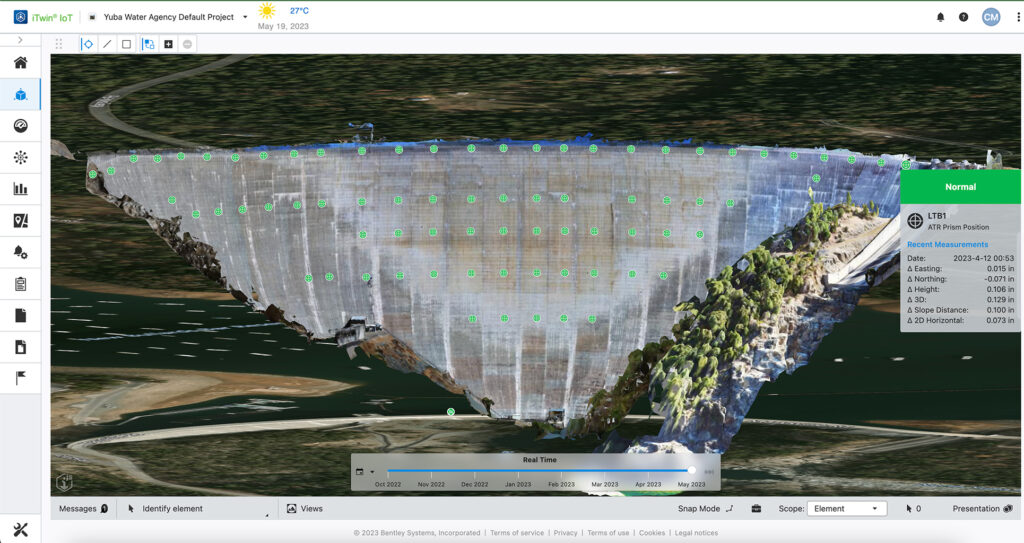 3D digital model of a dam with grid points and data overlay, illustrating design and construction details within a digital twins engineering software interface.