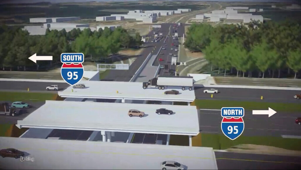 A digital rendering illustrates the design of an overpass with cars and trucks, labeled I-95 North and South, surrounded by trees and buildings—an ideal showcase for construction planning using digital twins.