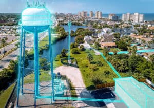 Photo illustration showing the "digitized" overlay of a water tower