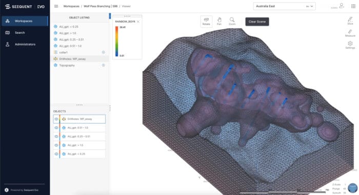 3D geological model displayed in Sequent Evo software, showing subsurface structures with color gradient legend and object list on the left panel.