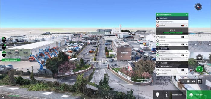 A digital aerial view of an industrial complex with various buildings, equipment, and a user interface overlay displaying inspection and mapping tools on the right side.