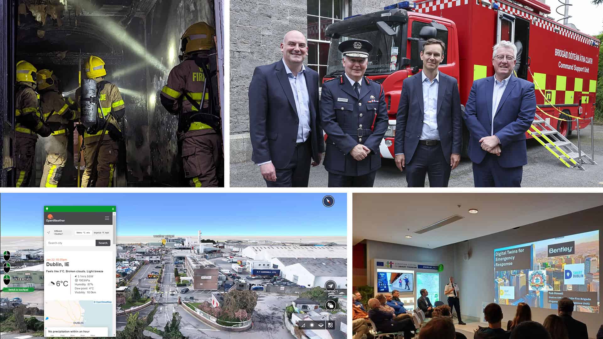 Collage of four images: firefighters in action, four men posing with a fire truck, digital twin rendering a street view map, and presentation scene with an audience.