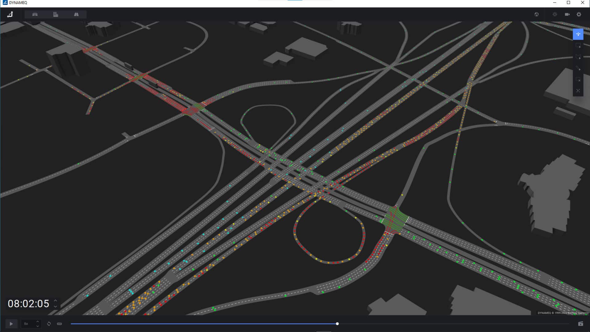 A digital traffic simulation map shows multiple highways and intersections with vehicles represented by colored dots, indicating traffic flow and congestion levels at 08:02:05.