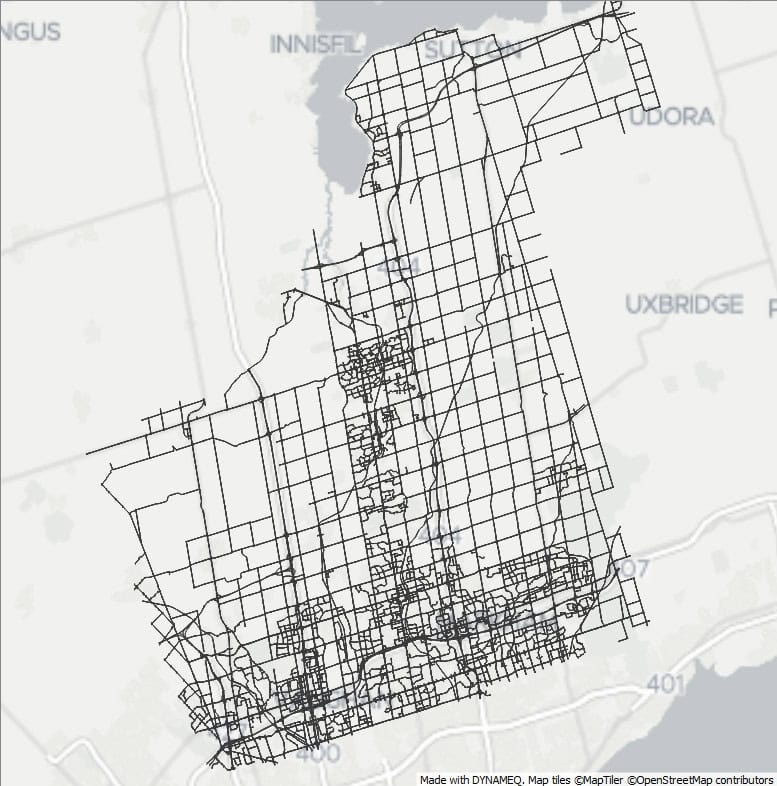 A detailed black and white map showing the road network in a region bordered by Innisfil, Adjala-Tosorontio, Uxbridge, and Highway 401.