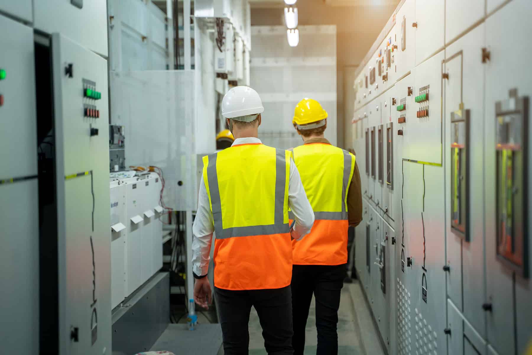Two people wearing safety vests and helmets walk through an industrial control room with electrical panels on both sides, highlighting the importance of arc flash analysis and safer power systems using EasyPower.
