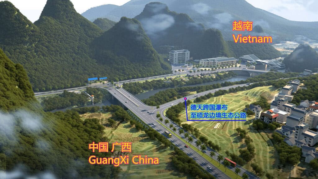 Aerial view of a border crossing between Guangxi, China and Vietnam, featuring the Ecological Highway, a bridge, buildings, roads, and labeled locations in both Chinese and English.