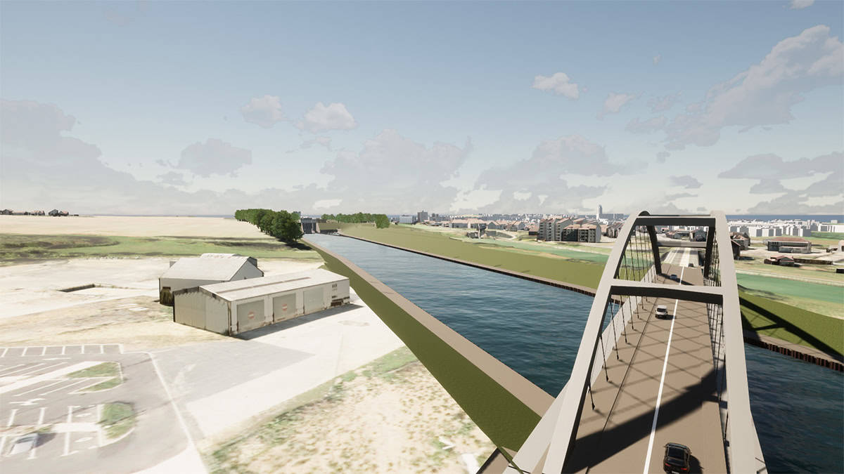 A bridge crosses over a wide canal with cars driving in both directions; nearby are fields, buildings, and a small parking lot under a partly cloudy sky, highlighting Egis’s commitment to sustainability in its YII Project Profile.