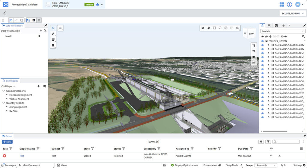 A digital 3D model of an infrastructure project is displayed in a project management software interface, showing building structures, roads, and surrounding landscape to enhance planning and collaboration.