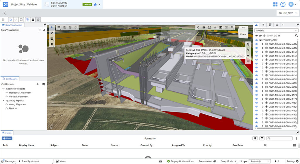 3D architectural design software interface displaying a digital model of an infrastructure project with labeled structural elements, sustainability features, and various navigation menus.