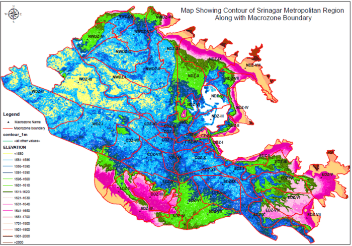 Color-coded map of the Srinagar Metropolitan Region indicating elevation, macrozone boundaries, and contour lines. Various macrozones are labeled with codes like NWZ1, NDZ3, and WZ2.