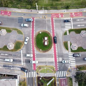 Aerial view of city traffic in urban area.