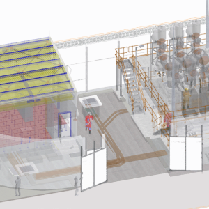 3D rendering of an industrial facility with a building on the left, tanks and pipelines on the right, walkways, equipment, and several human figures for scale.