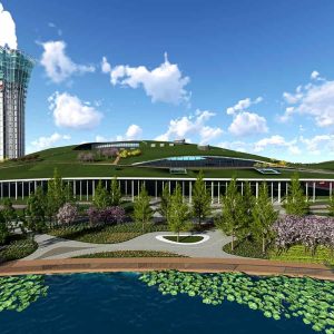 Modern building with a green, grass-covered roof, surrounding gardens, and a pond with lily pads showcases Xiong’an’s vision for greener urban living, complemented by a tall observation tower in the background under a blue sky.