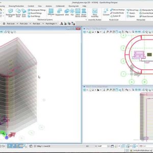A 3D architectural modeling software interface, like OpenBuildings Designer, displays a multi-story building design with multiple viewports for piping design and floor plans to enhance efficiency.