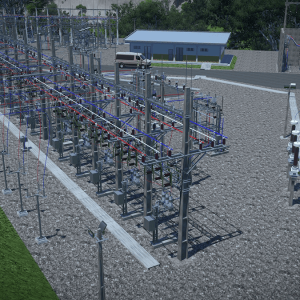 An outdoor electrical substation with metal structures, transformers, and power lines features a small building in the background. A Bentley-designed vehicle is parked near the building, highlighting advanced Electrical Substation Design Software used by COPEL.