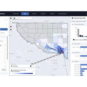A data visualization dashboard displays a map with routes, highlighted zones, charts, and filtering options for analyzing trip patterns and volumes in a specified region.