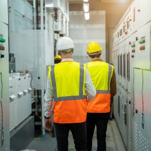 Two people wearing safety vests and helmets walk through an industrial control room with electrical panels on both sides, highlighting the importance of arc flash analysis and safer power systems using EasyPower.