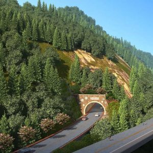 A forested mountainside features the entrance to the “Hieu Trung” tunnel, where several cars enter beneath an elevated roadway—part of an ecological highway by PowerChina ZhongNan Engineering for the YII project.