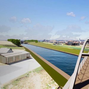 A bridge, part of a major infrastructure project, carries vehicles over a wide canal with fields on one side and a cityscape in the background; a “Winner 2025” badge is visible in the corner. A bridge, part of a major infrastructure project, carries vehicles over a wide canal with fields on one side and a cityscape in the background; a "Winner 2025" badge is visible in the corner.