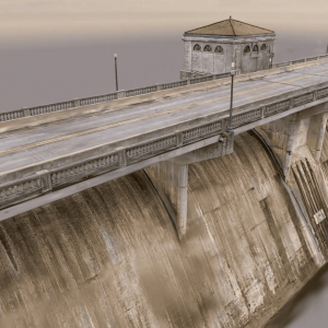 A concrete bridge with a red-roofed building spans over a dam, with water visible at the base and a cloudy sky in the background.