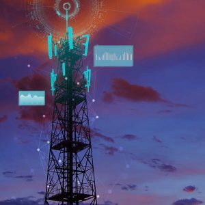 A telecommunications tower with digital overlays representing signal transmission and data analytics against a dramatic sunset sky.