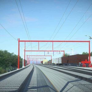 Railway tracks extend into the distance with red overhead electrical lines, adjacent freight cars, green trees, and a blue sky with a flying bird.