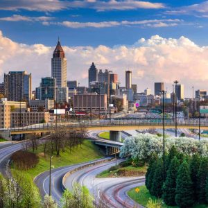 Atlanta skyline with intersecting highways on a clear day.