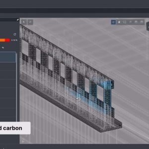 A software interface displays a 3D model of a building component with an overlay showing embodied carbon data, supporting sustainable infrastructure goals and featuring a sidebar listing report values.