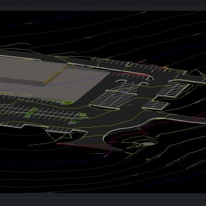 3D CAD rendering of a building site with a large structure, parking lots, driveways, and contour lines indicating topography—highlighting how infrastructure staffing solutions can address staffing challenges in complex construction projects.