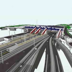 3D rendering of a transportation hub with multiple railway tracks, a toll plaza, and adjacent roads, illustrating the complex infrastructure of this Landmark Railway Project.