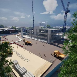 A construction site with cranes, trucks, workers, and a partially built multi-story structure under a partly cloudy sky showcases real-world visualization challenges.