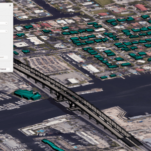A 3D map view of a coastal city created in MicroStation 2026, showing buildings, infrastructure engineering features like a bridge and waterfront areas, with a CAD settings menu for 3D content options open in the upper left corner.