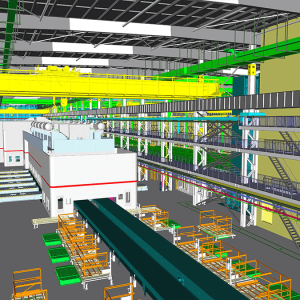 MMI Planning & Engineering Institute Digital rendering of an industrial factory interior with conveyor belts, large machinery, overhead cranes, and structural support beams.