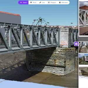A digital 3D model of a steel truss bridge over a waterway is shown, illustrating how Bristol City Council digitally future-proofs harbor infrastructure; reference photos and editing tools are visible on the screen.