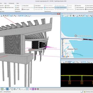 3D bridge model with concrete piers shown in design software, showing cross-bracing and magenta construction lines in a CAD workspace.