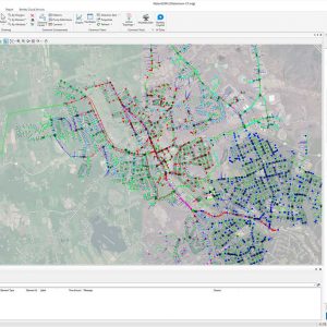 An OpenFlows 2026 GIS software interface displays a city map with colored lines and points representing various utility or infrastructure networks, alongside dynamic data panels and specialized tools.