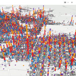 3D digital map shows tall, color-coded bars representing different types of activities across a city; ideal for modelers in travel demand modeling, with an activity legend visible on the right. OpenPaths captures realistic representations of mobility to address 21st-century transport planning challenges