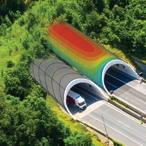Aerial view of a roadway tunnel with two entrances; one entrance is covered by green vegetation, the other has a digitally overlaid heatmap gradient.