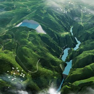 Shanghai Investigation, Design & Research Institute Co., Ltd. (SIDRI) Aerial view of a lush green mountainous landscape in Southwest China, with reservoirs and dams built between valleys generating clean energy, birds flying above, and clouds partially covering the scene.