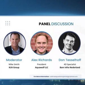 A virtual panel discussion featuring four industry innovators with names, titles, and companies shown, alongside the Bentley and EnergyCentral PowerSessions logos. Participants from the digital electric utility sector appear in video call windows.
