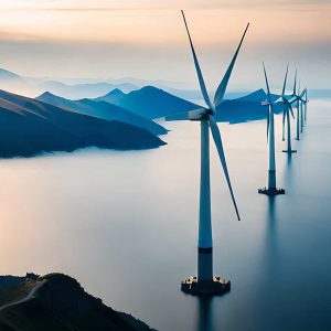 Large offshore wind turbines are arranged in a row over calm water, with mountains and mist visible in the background during sunrise or sunset, illustrating advancements in offshore wind energy supported by geotechnical modelling.