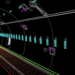 Network Rail 3D model rendering of the Severn Tunnel interior showing rail tracks, drainage systems, and technical wall fixtures, with colored lines indicating various infrastructure elements for digital twin analysis.