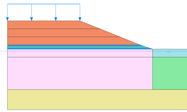 Cross-section diagram with layers indicated by different colors and arrows pointing downward.