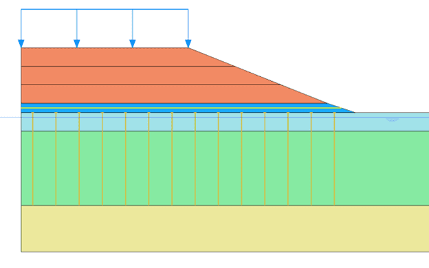 Illustration of a layered structure with red horizontal layers, blue middle layer, and green section with vertical yellow lines, representing various material components and processes.