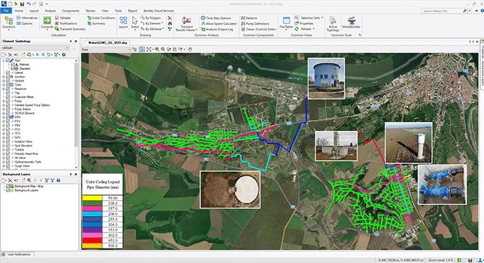 A computer screen displays a digital map with colored pipelines and inset photos of water infrastructure, showing a water distribution network in mapping software focused on efficient design and reduced energy costs.